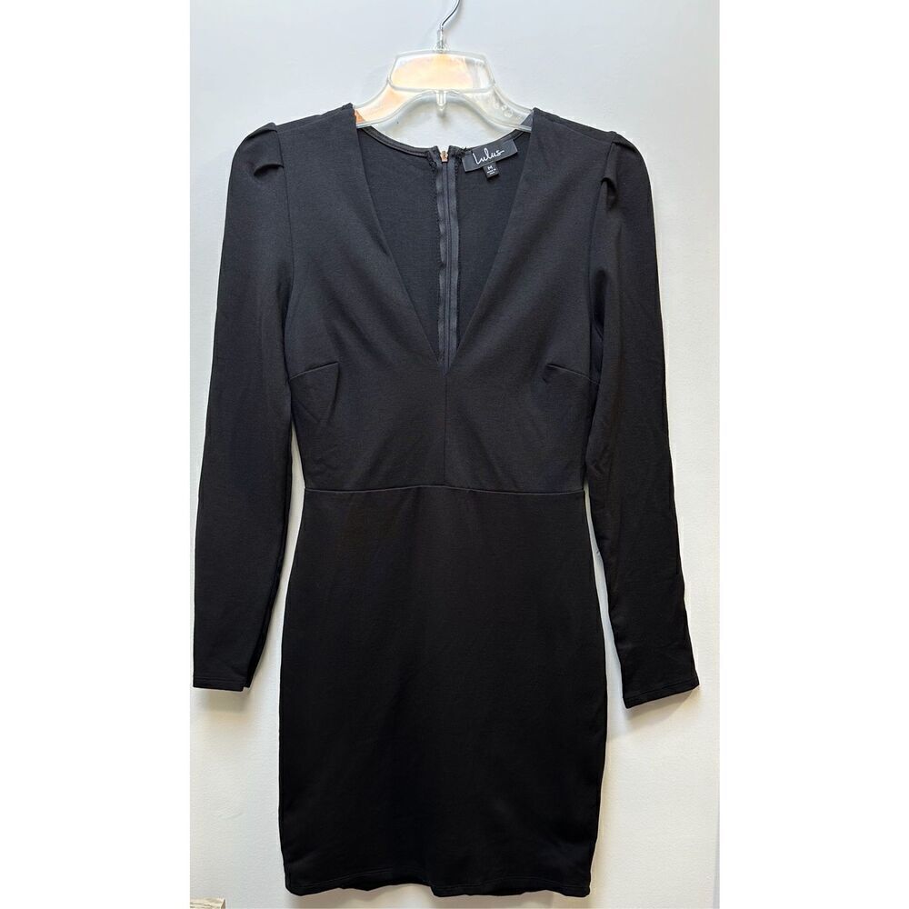 Lulus black long sleeve mini dress deep v-neck back zipper size Medium #16-1592